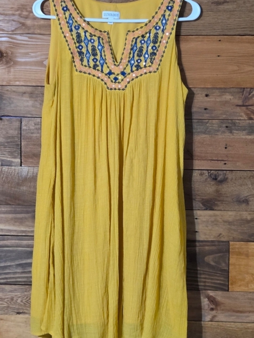 Boho Festival Embroidered Sequin Tunic Dress Mustard Medium Hippie Casual